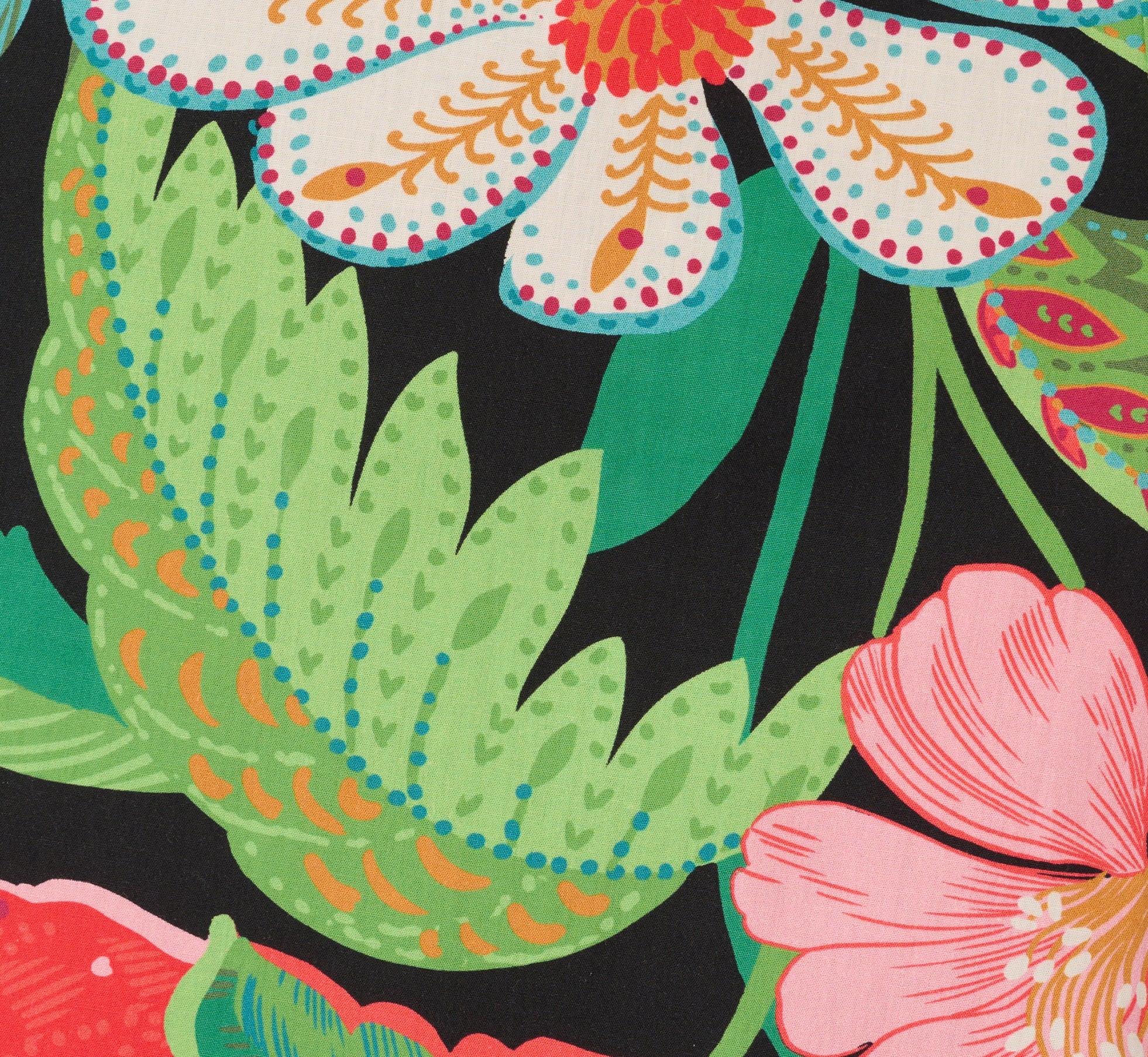 3D Tropical Floral Cotton A Line Midi Dress In Black Multi