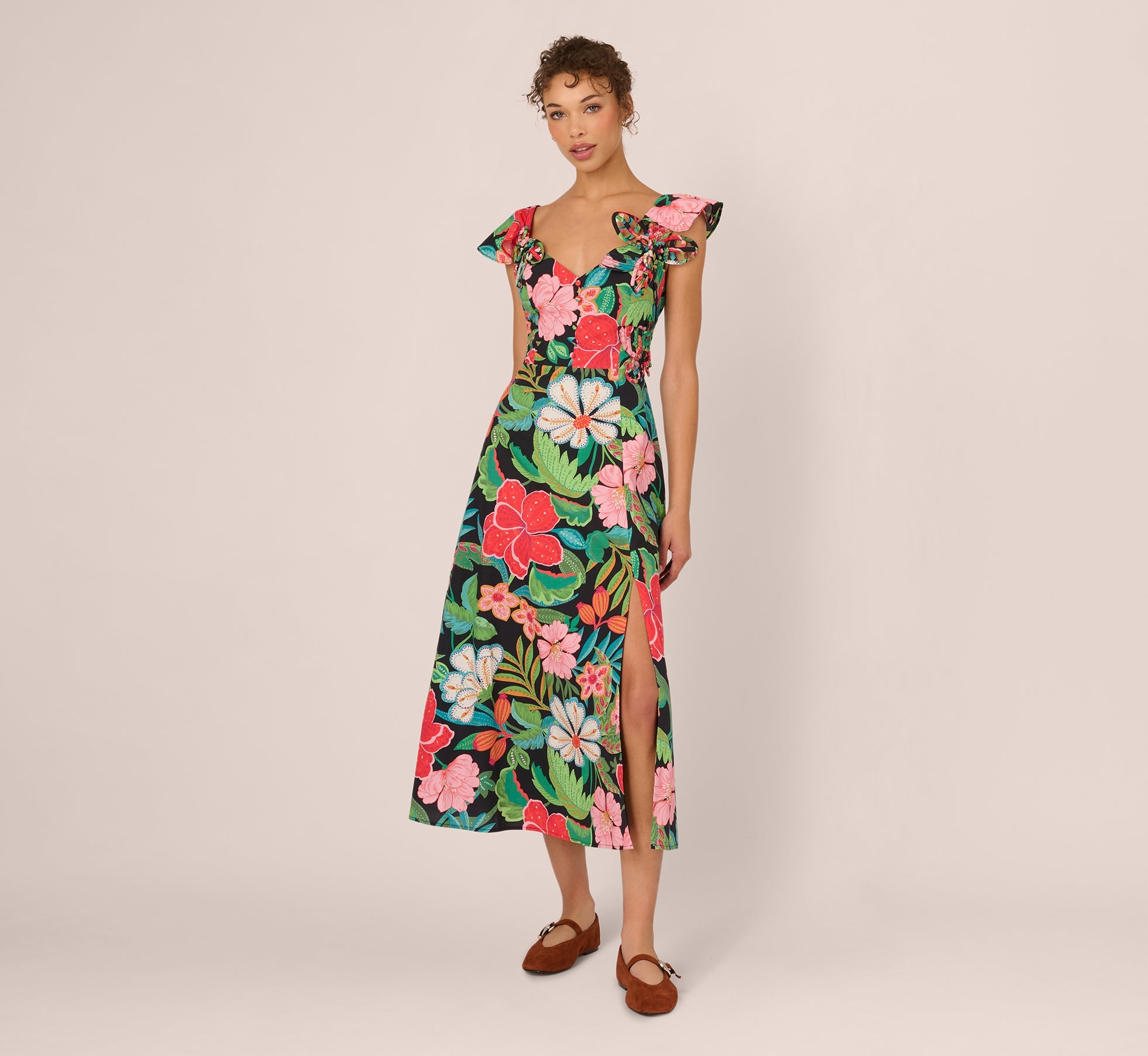 3D Tropical Floral Cotton A Line Midi Dress In Black Multi