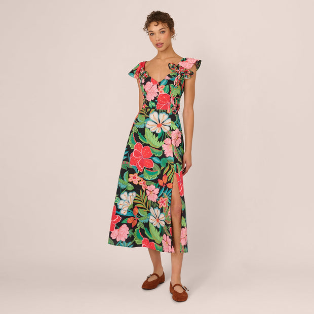 3D Tropical Floral Cotton A Line Midi Dress In Black Multi