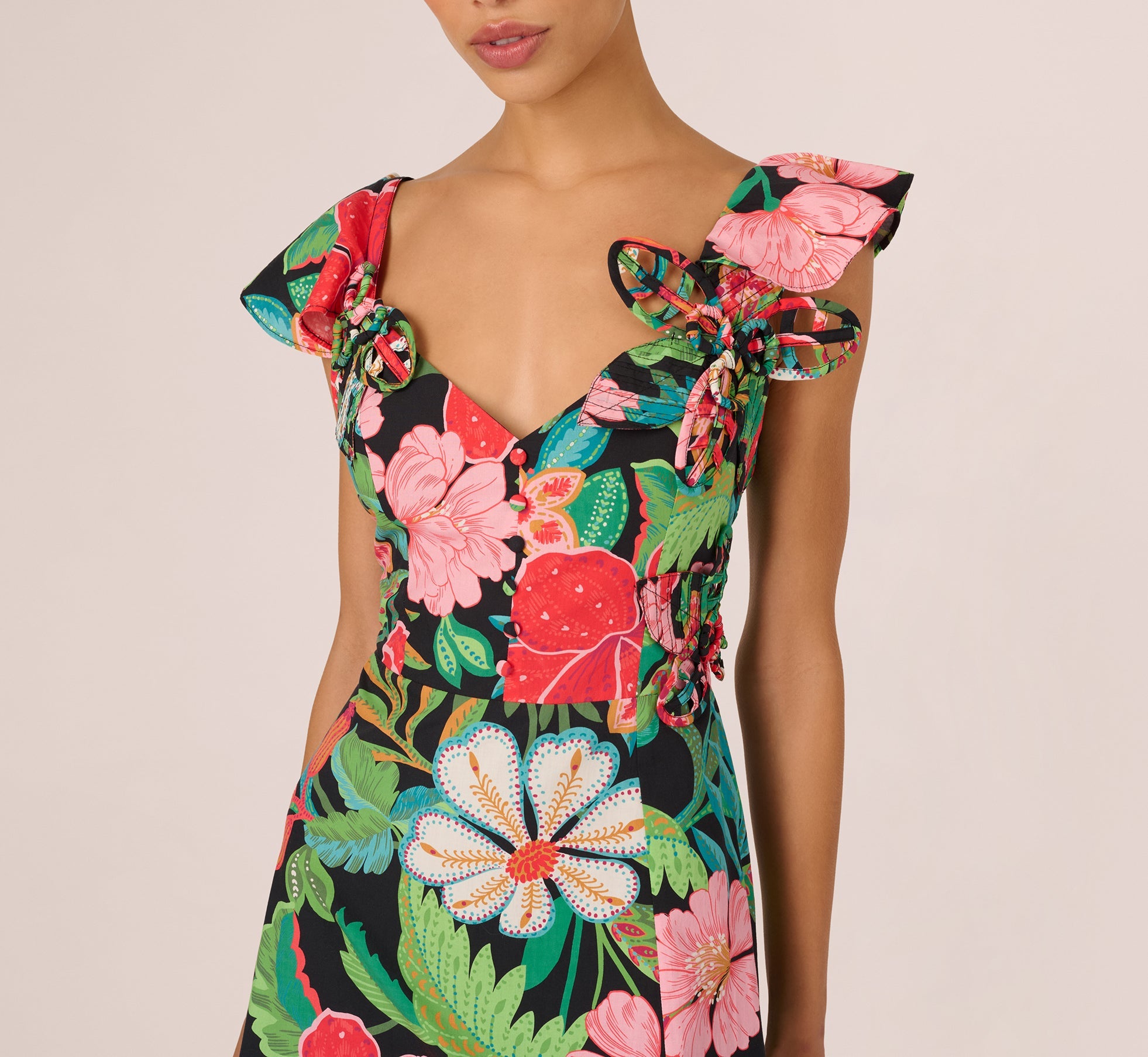 3D Tropical Floral Cotton A Line Midi Dress In Black Multi
