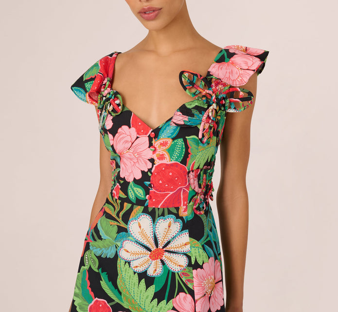 3D Tropical Floral Cotton A Line Midi Dress In Black Multi