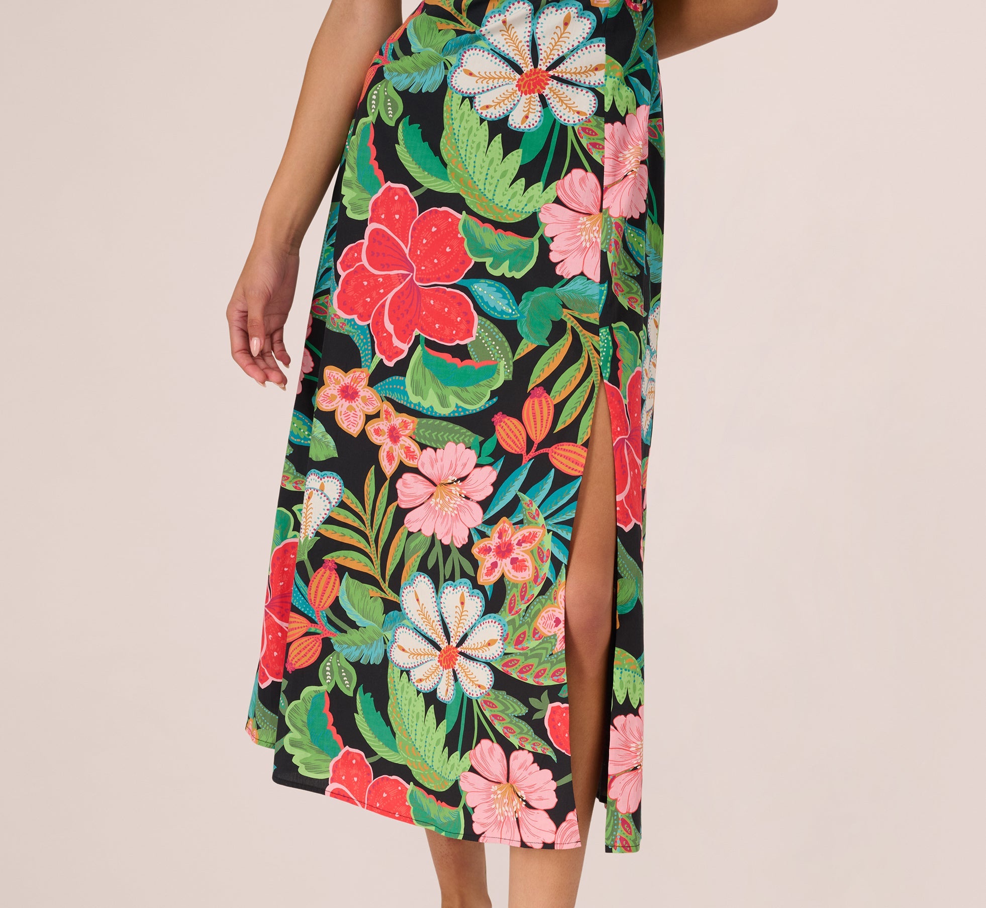 3D Tropical Floral Cotton A Line Midi Dress In Black Multi