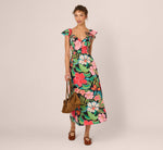 3D Tropical Floral Cotton A Line Midi Dress In Black Multi