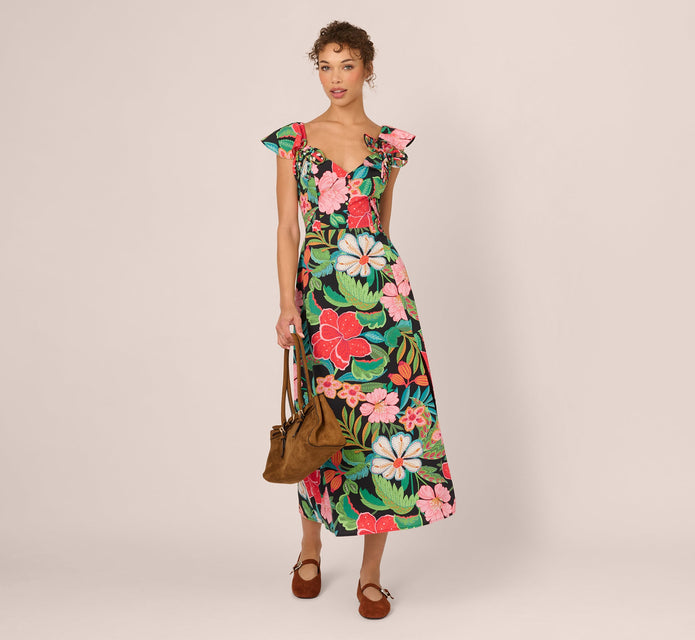 3D Tropical Floral Cotton A Line Midi Dress In Black Multi