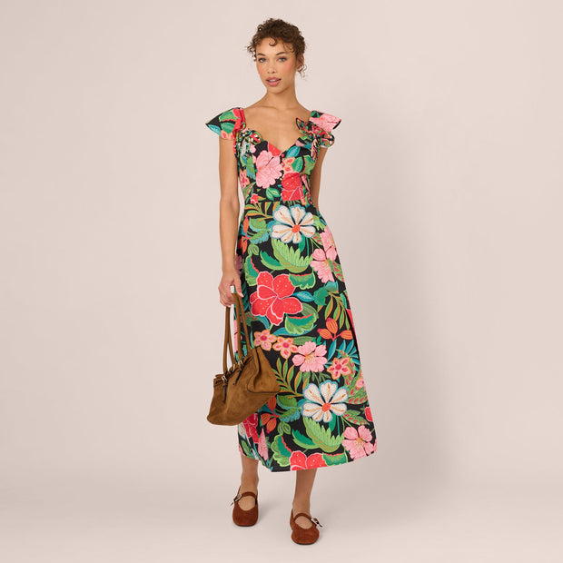 3D Tropical Floral Cotton A Line Midi Dress In Black Multi