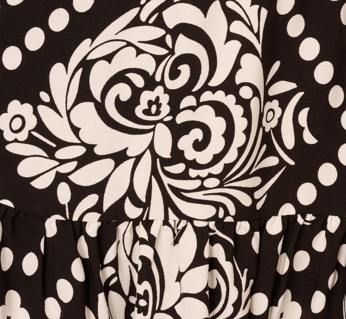 Bishop Sleeve Medallion Printed Short Dress In Black Ivory
