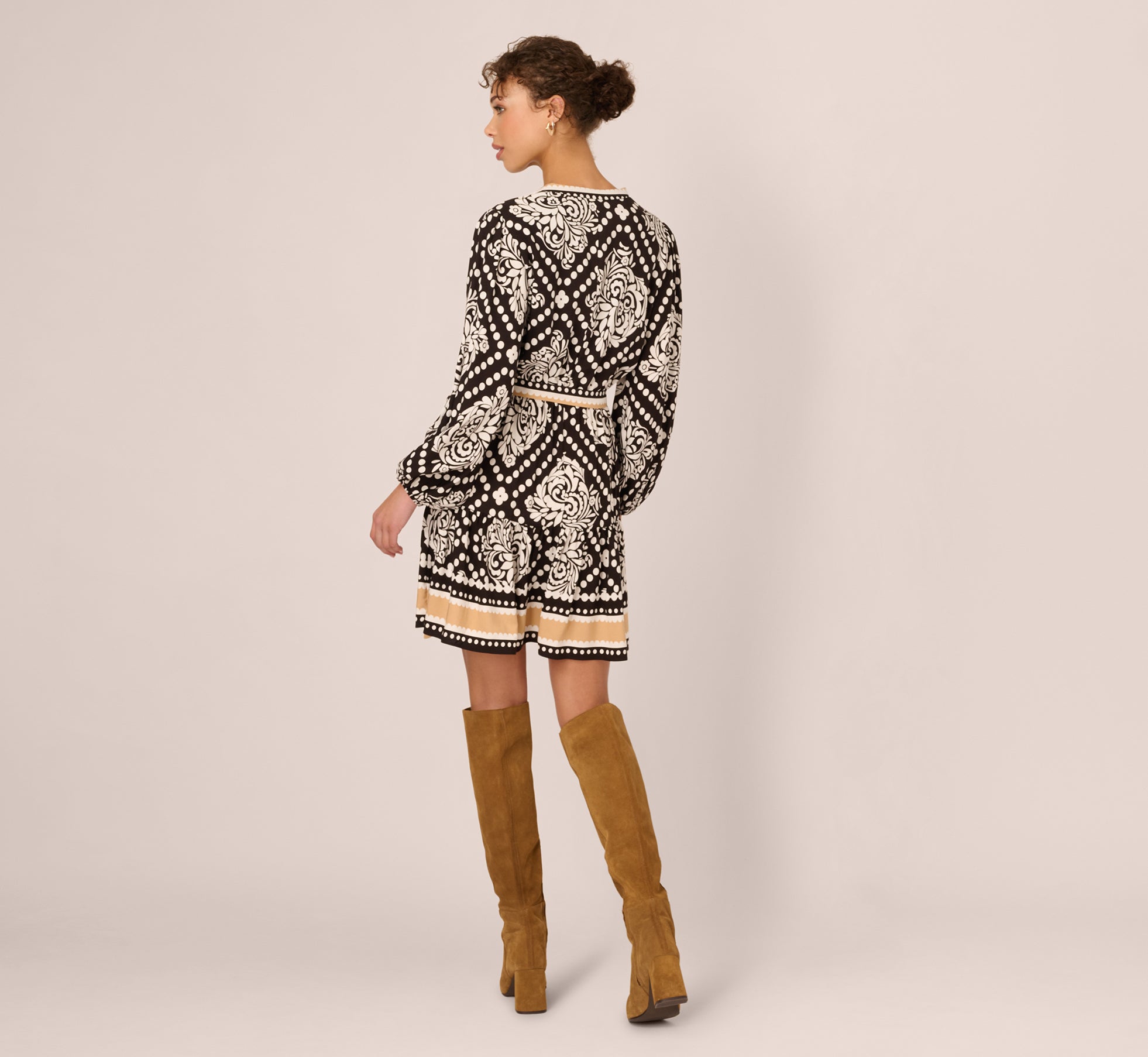 Bishop Sleeve Medallion Printed Short Dress In Black Ivory