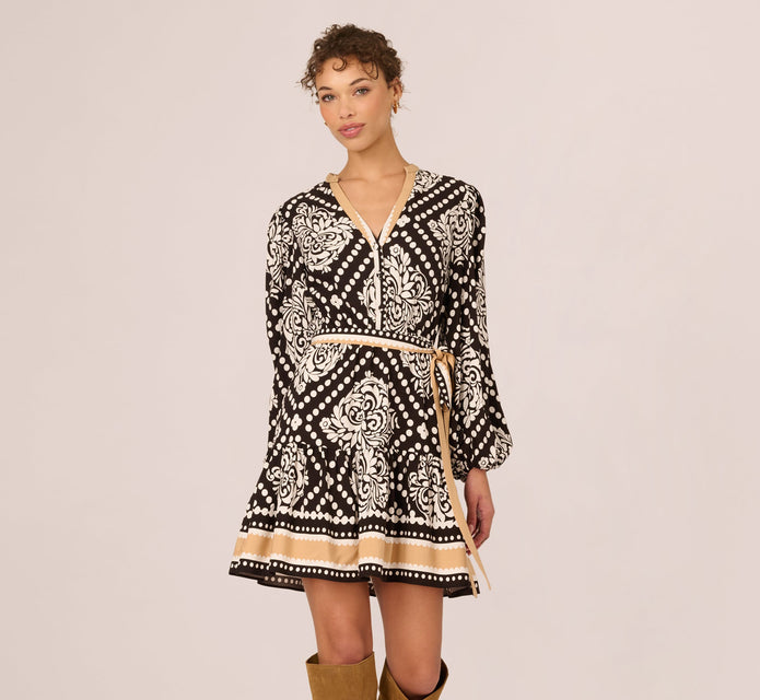Bishop Sleeve Medallion Printed Short Dress In Black Ivory
