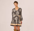 Bishop Sleeve Medallion Printed Short Dress In Black Ivory