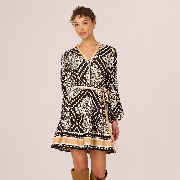 Bishop Sleeve Medallion Printed Short Dress In Black Ivory