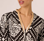 Bishop Sleeve Medallion Printed Short Dress In Black Ivory