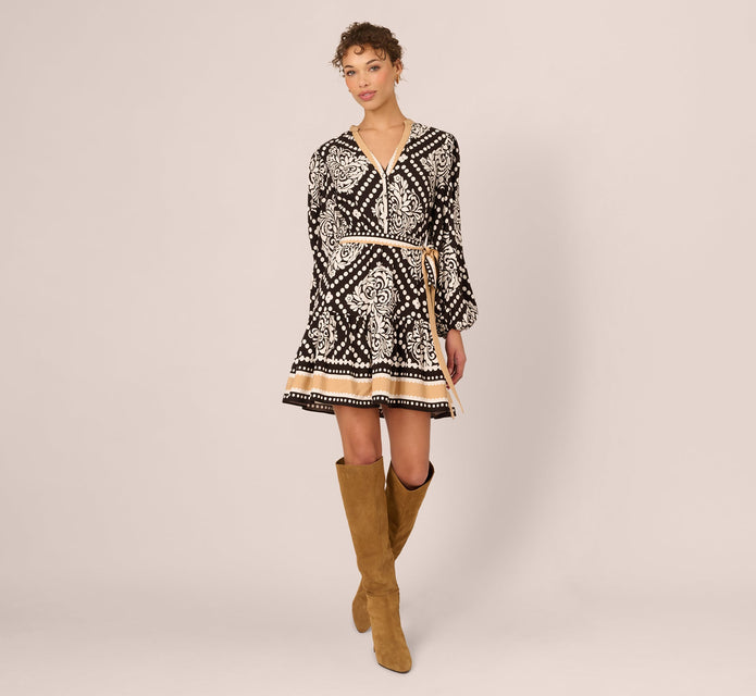 Bishop Sleeve Medallion Printed Short Dress In Black Ivory