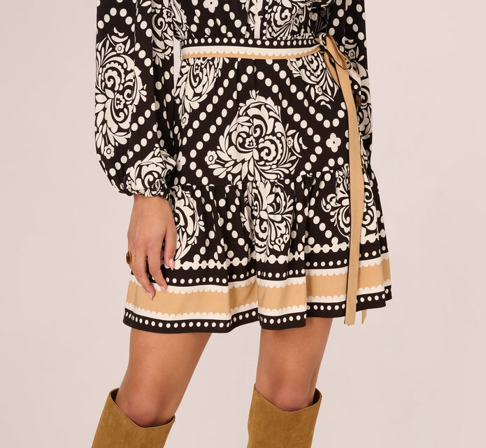 Bishop Sleeve Medallion Printed Short Dress In Black Ivory
