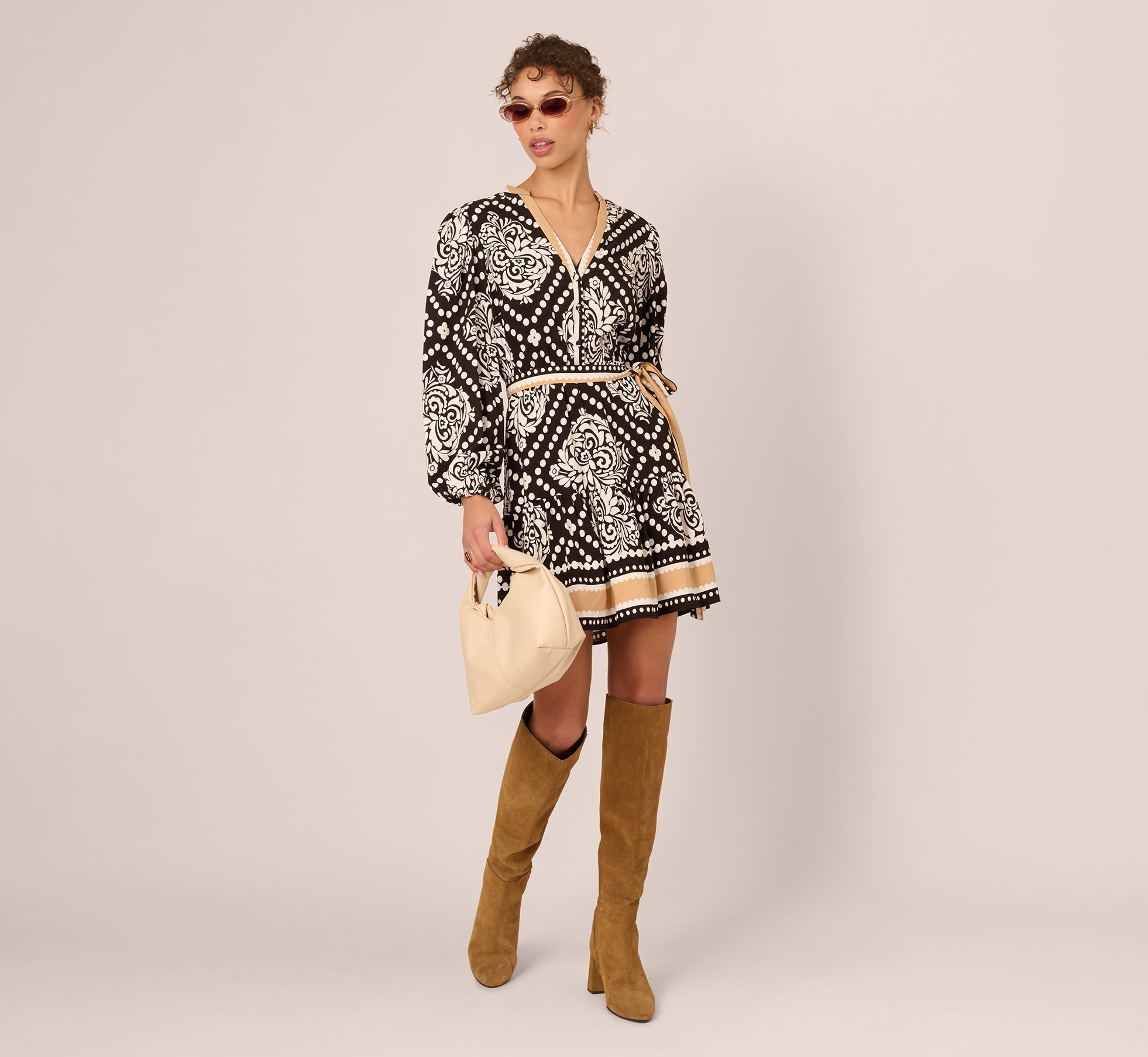 Bishop Sleeve Medallion Printed Short Dress In Black Ivory