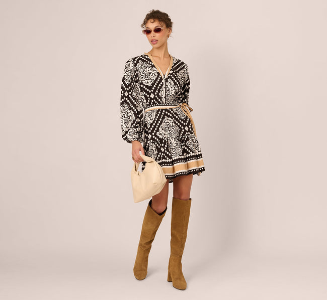 Bishop Sleeve Medallion Printed Short Dress In Black Ivory