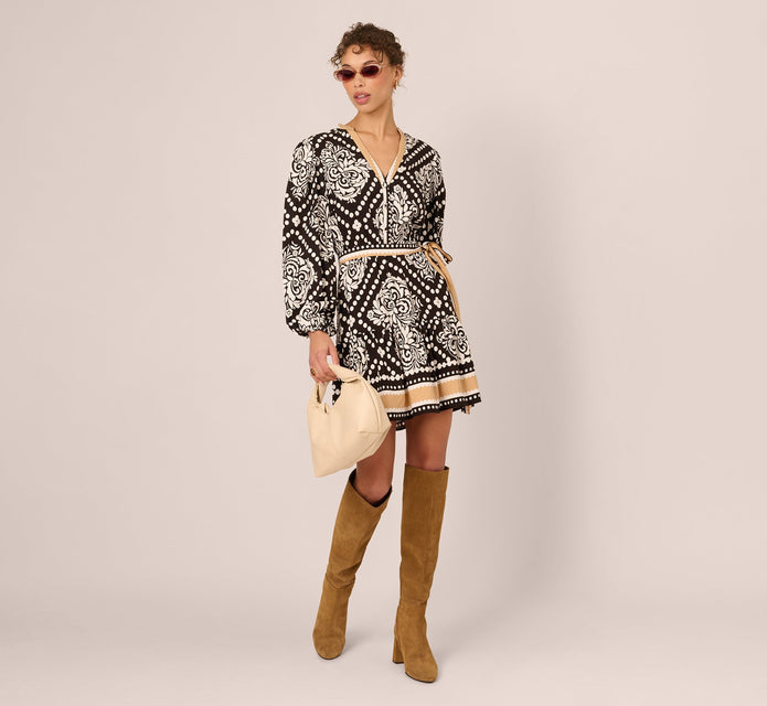 Bishop Sleeve Medallion Printed Short Dress In Black Ivory