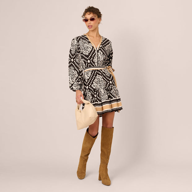 Bishop Sleeve Medallion Printed Short Dress In Black Ivory
