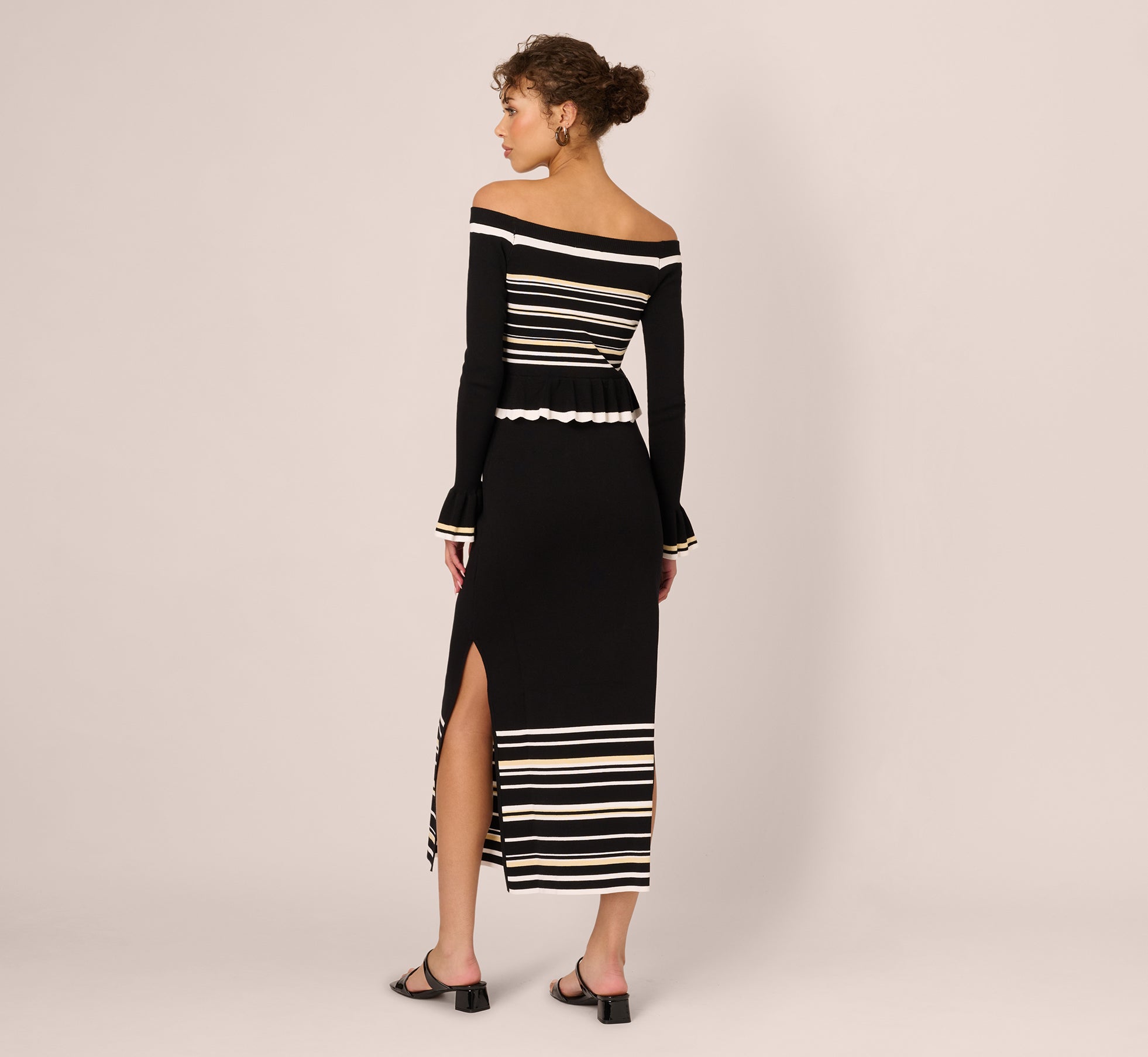 Off Shoulder Bell Sleeve Stretch Midi Dress In Ivory Black
