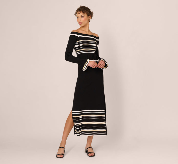 Off Shoulder Bell Sleeve Stretch Midi Dress In Ivory Black