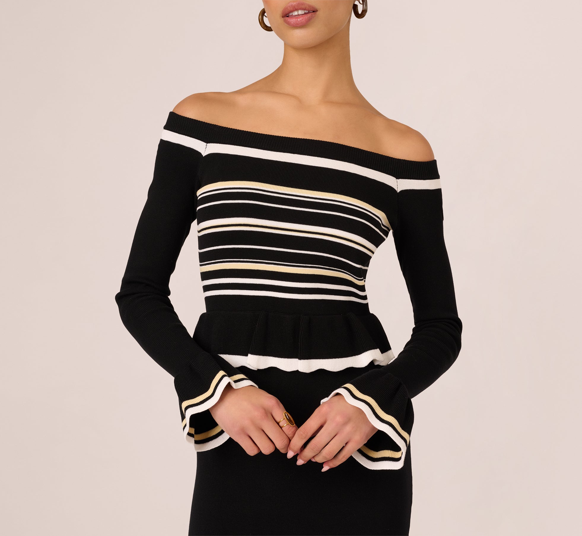 Off Shoulder Bell Sleeve Stretch Midi Dress In Ivory Black