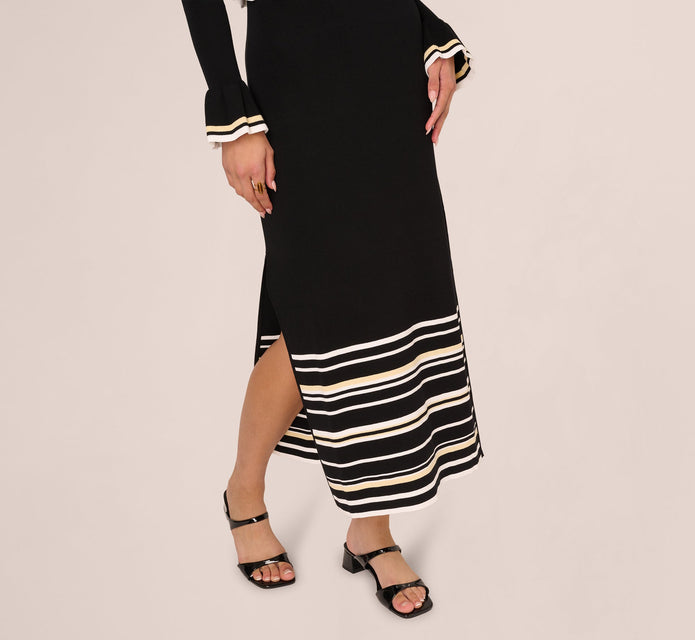 Off Shoulder Bell Sleeve Stretch Midi Dress In Ivory Black