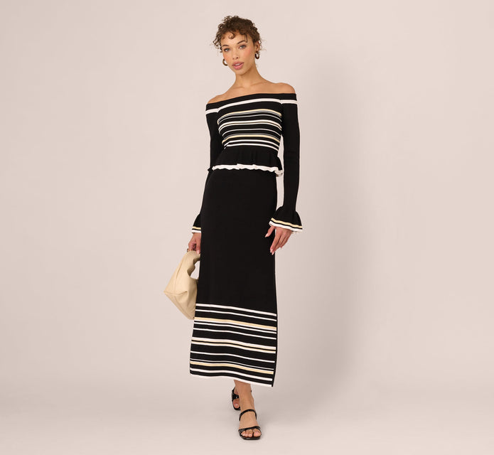 Off Shoulder Bell Sleeve Stretch Midi Dress In Ivory Black