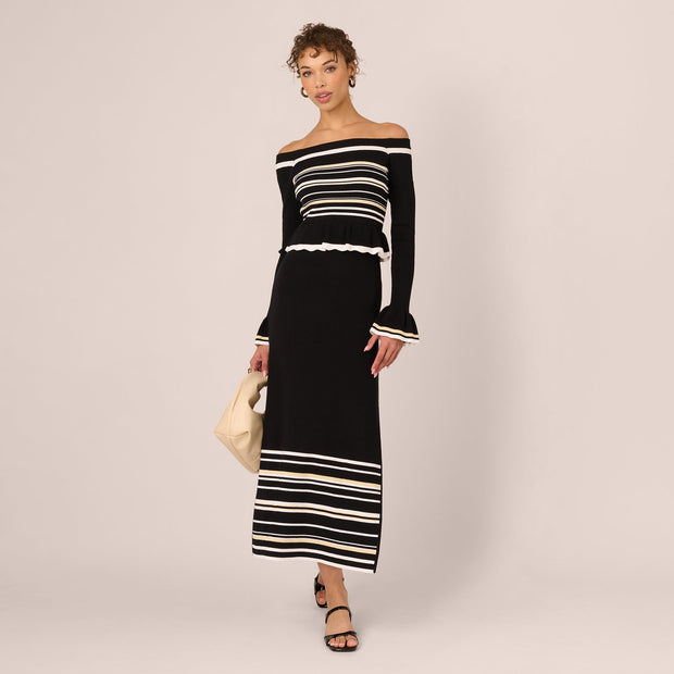 Off Shoulder Bell Sleeve Stretch Midi Dress In Ivory Black
