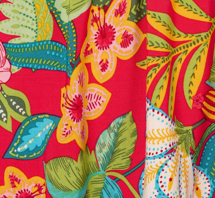 Bishop Sleeve Tropical Floral Short Dress In Red Multi