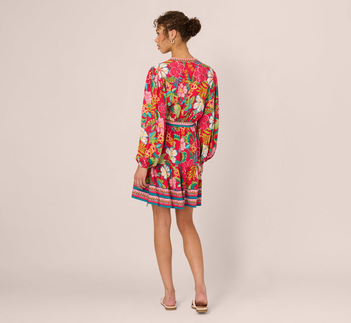 Bishop Sleeve Tropical Floral Short Dress In Red Multi