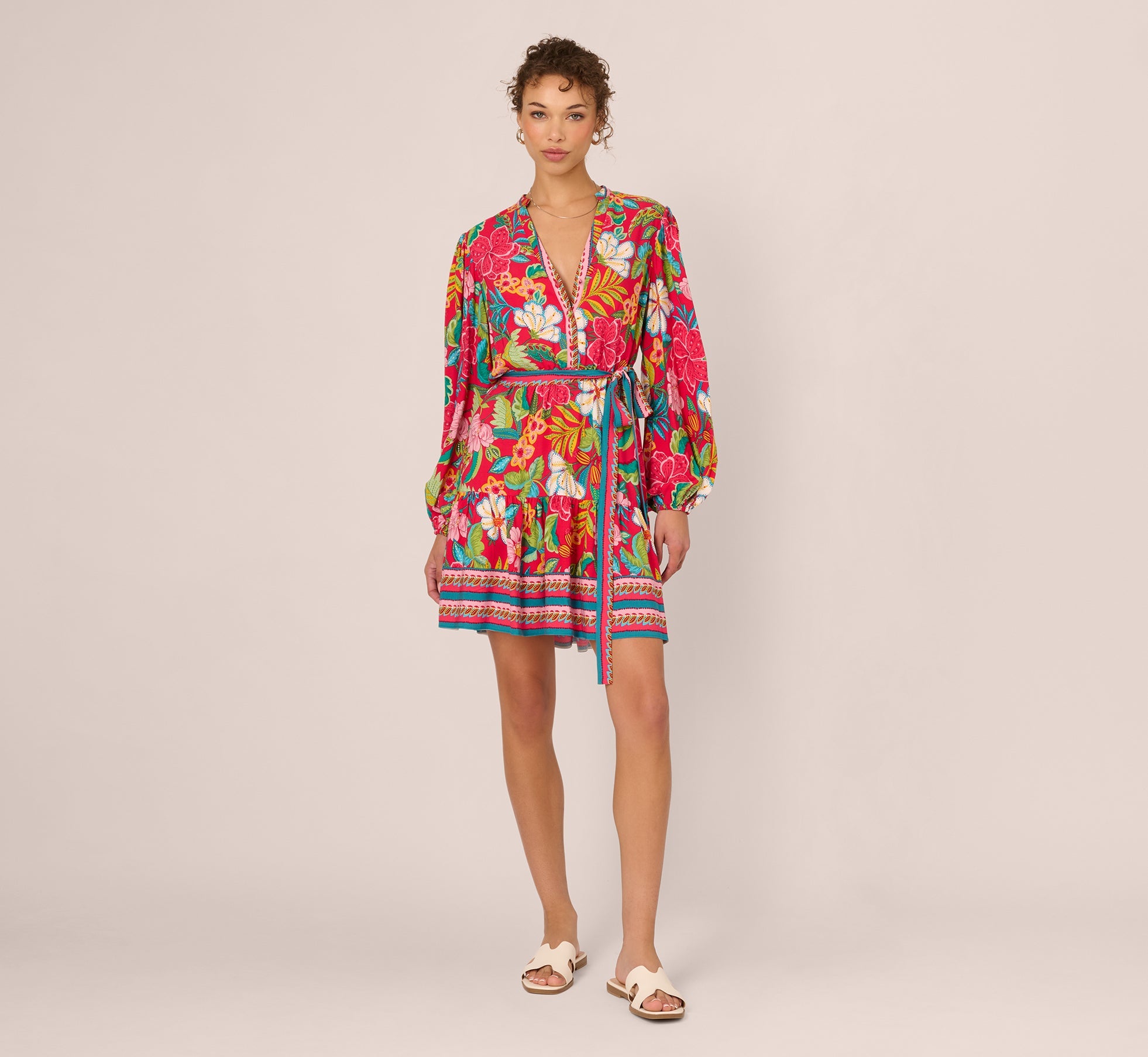 Bishop Sleeve Tropical Floral Short Dress In Red Multi