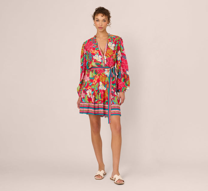 Bishop Sleeve Tropical Floral Short Dress In Red Multi