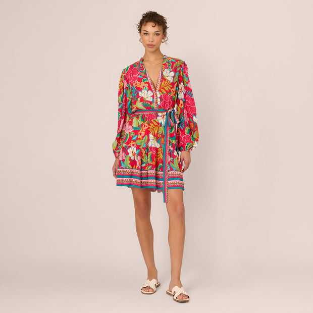 Bishop Sleeve Tropical Floral Short Dress In Red Multi