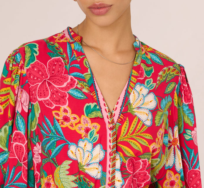 Bishop Sleeve Tropical Floral Short Dress In Red Multi