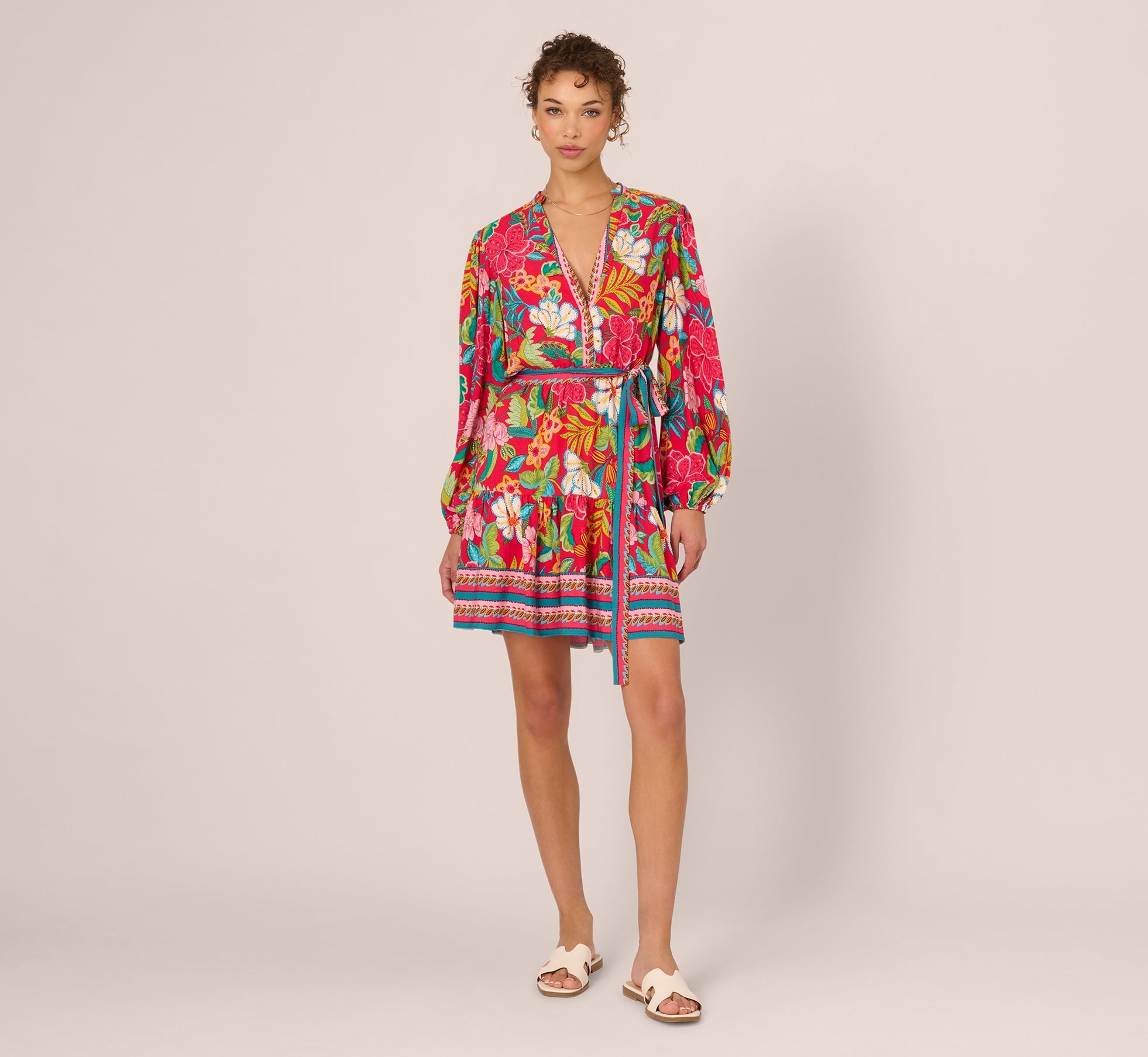 Bishop Sleeve Tropical Floral Short Dress In Red Multi
