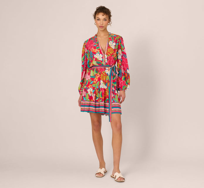 Bishop Sleeve Tropical Floral Short Dress In Red Multi
