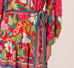 Bishop Sleeve Tropical Floral Short Dress In Red Multi