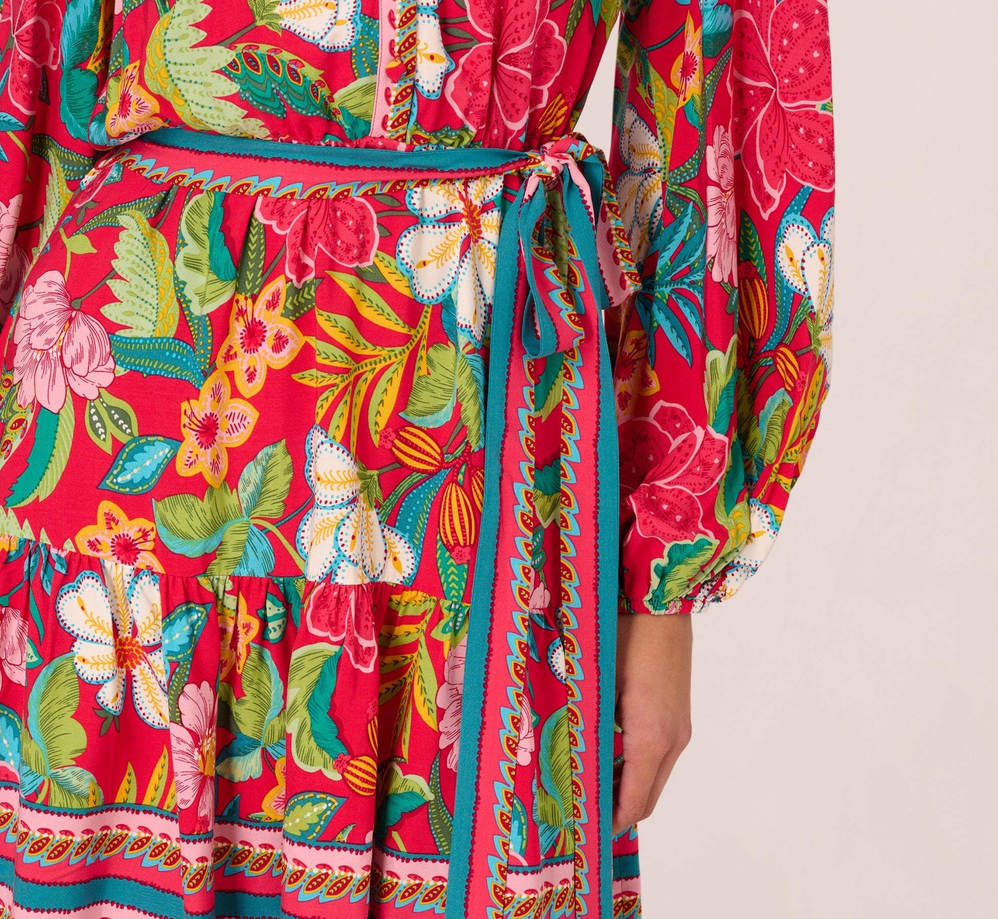 Bishop Sleeve Tropical Floral Short Dress In Red Multi