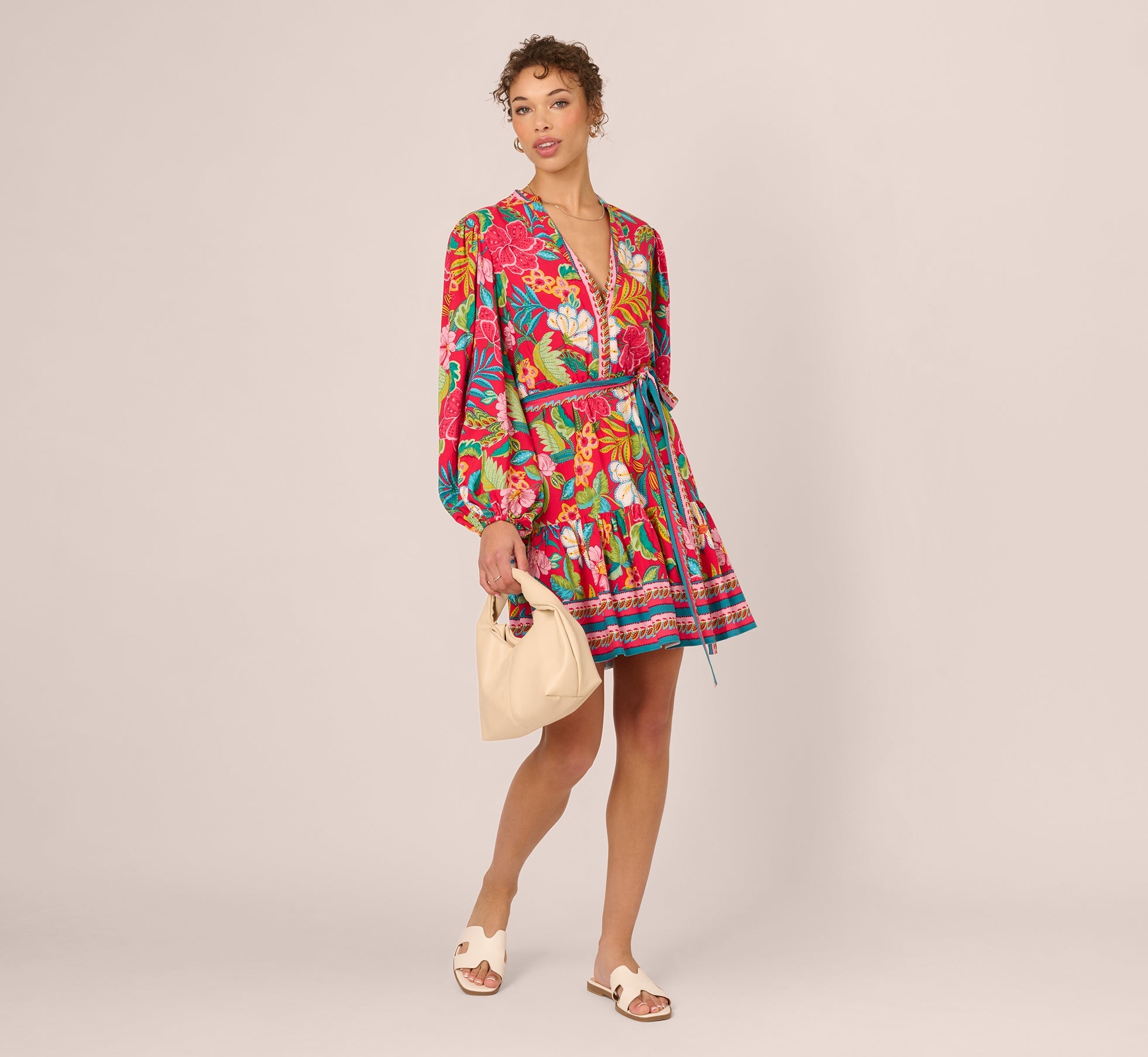 Bishop Sleeve Tropical Floral Short Dress In Red Multi