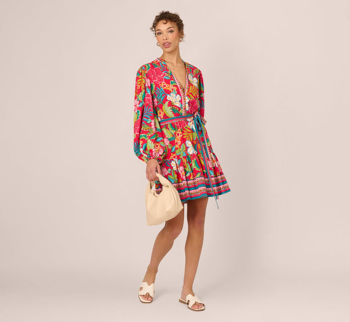 Bishop Sleeve Tropical Floral Short Dress In Red Multi