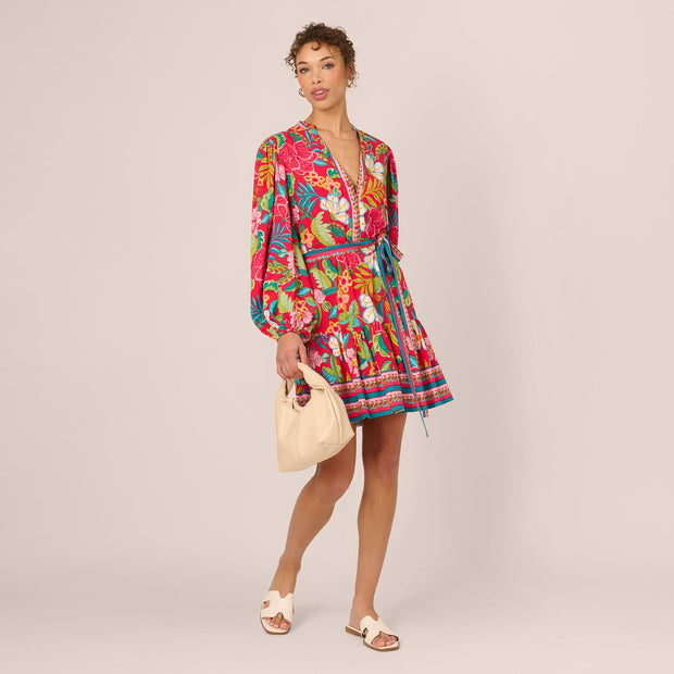 Bishop Sleeve Tropical Floral Short Dress In Red Multi