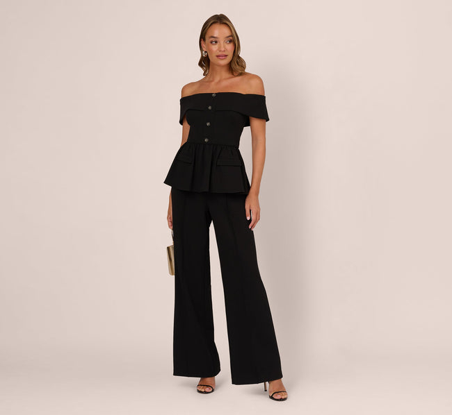 Off Shoulder Crepe Peplum Jumpsuit In Black
