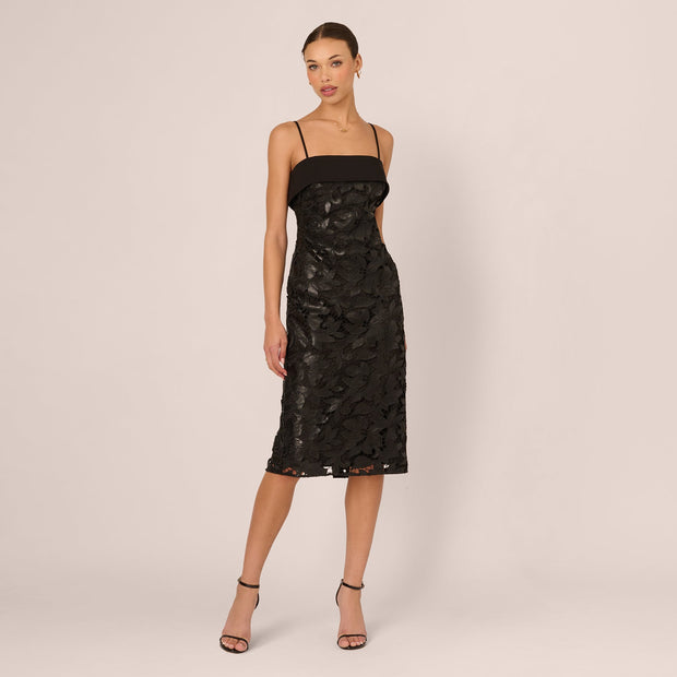 Faux Leather Cut Lace Midi Sheath Dress In Black