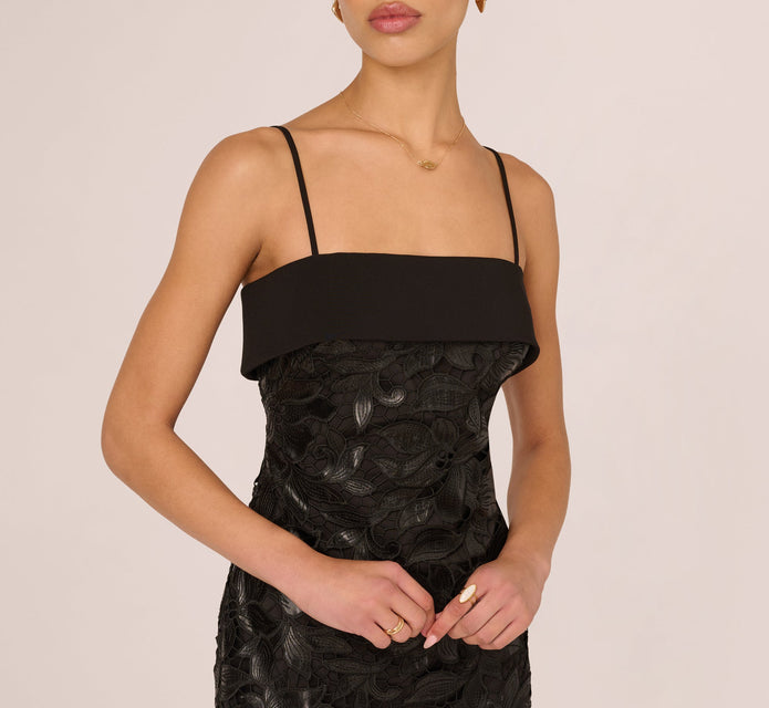 Faux Leather Cut Lace Midi Sheath Dress In Black