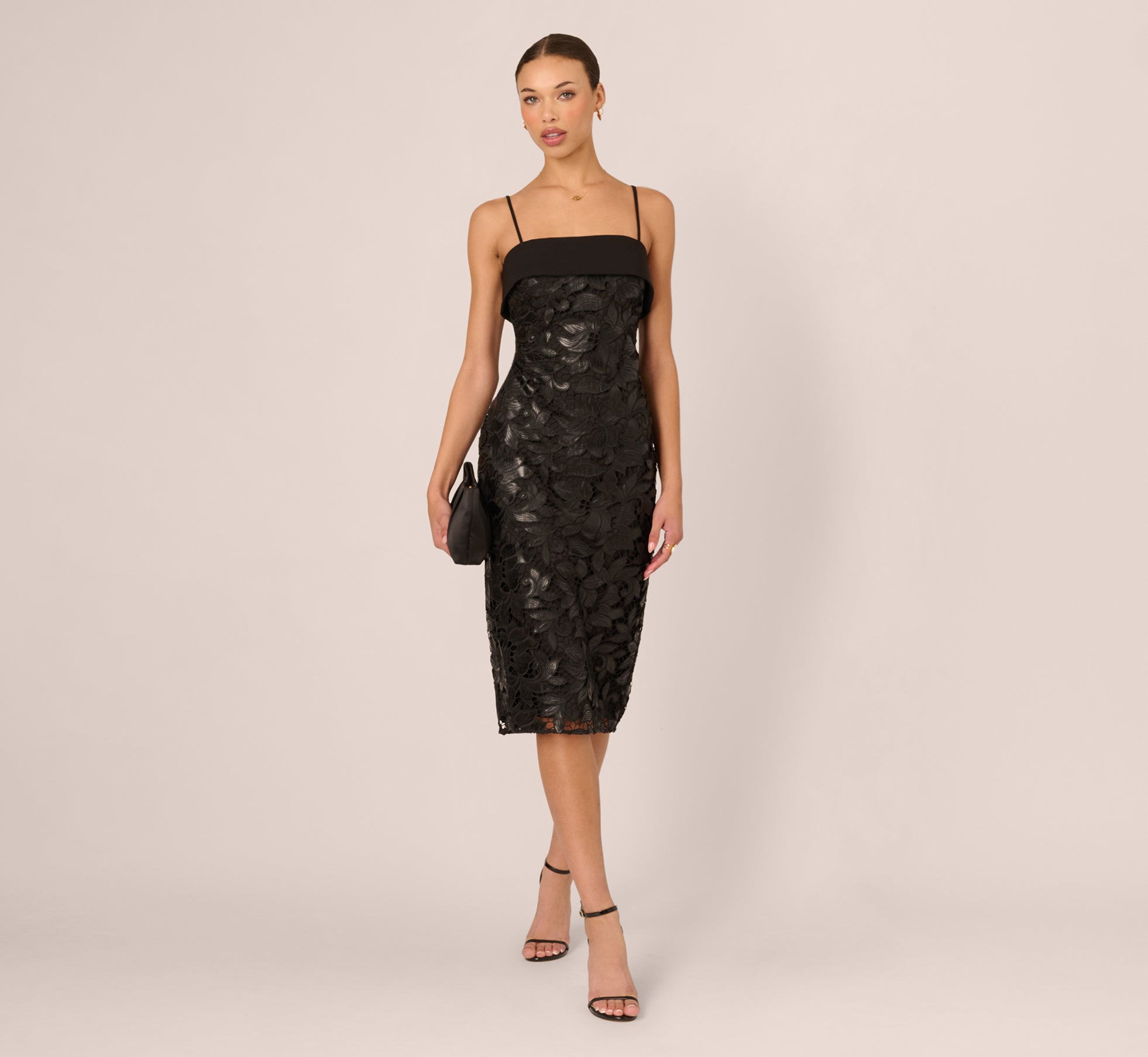 Faux Leather Cut Lace Midi Sheath Dress In Black