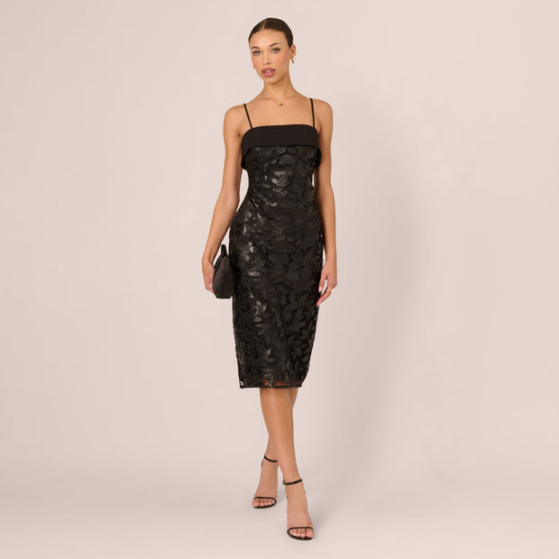 Faux Leather Cut Lace Midi Sheath Dress In Black