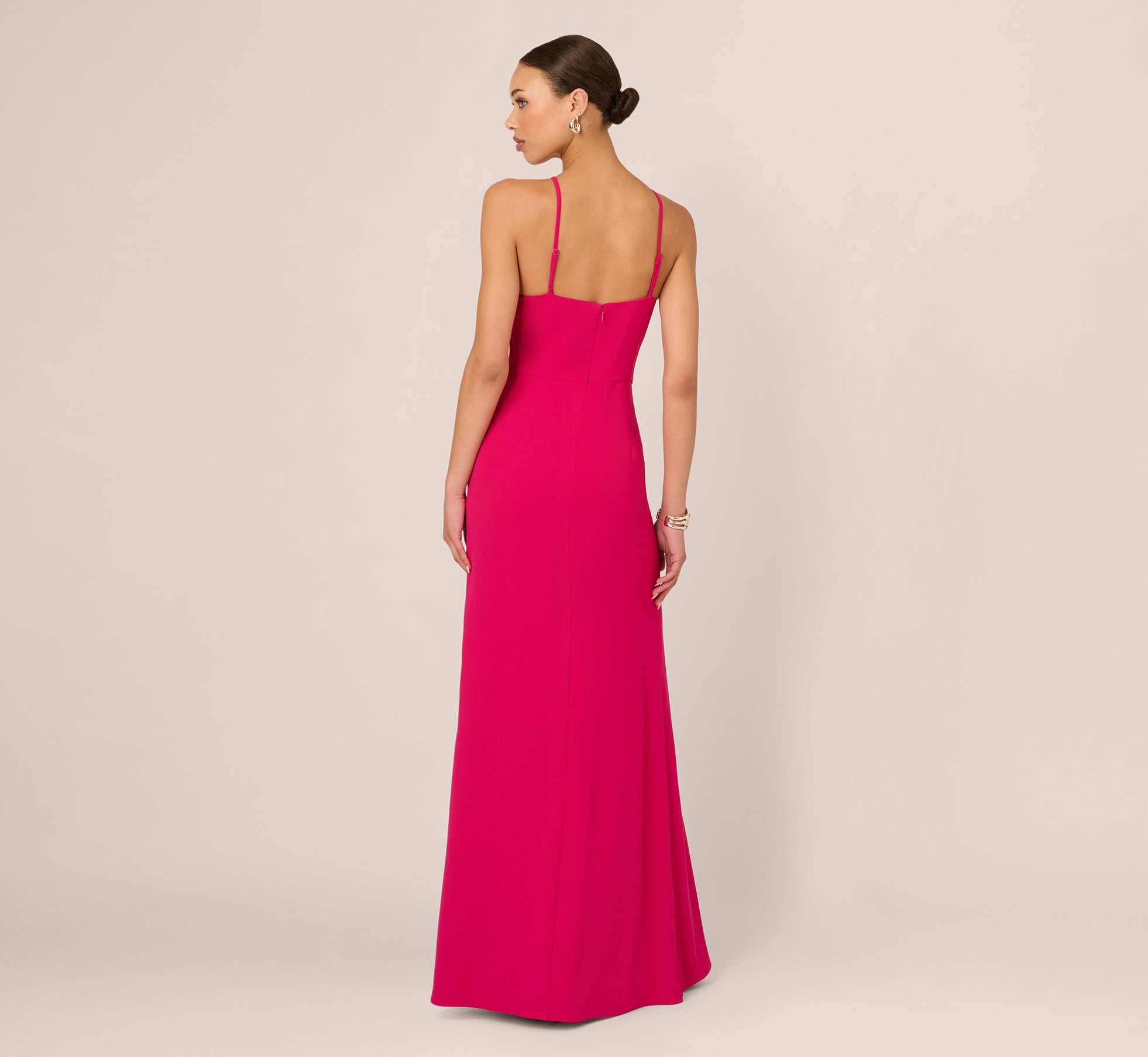 Gathered Stretch Crepe Halter Gown In Bright Rose