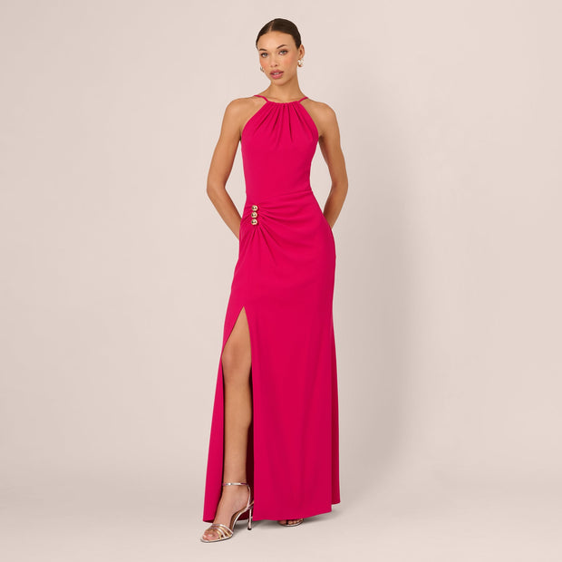 Gathered Stretch Crepe Halter Gown In Bright Rose