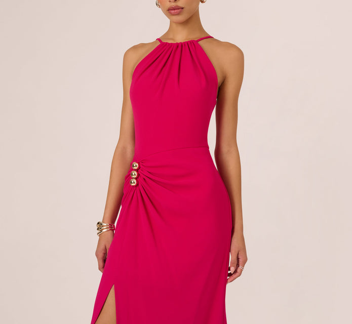 Gathered Stretch Crepe Halter Gown In Bright Rose