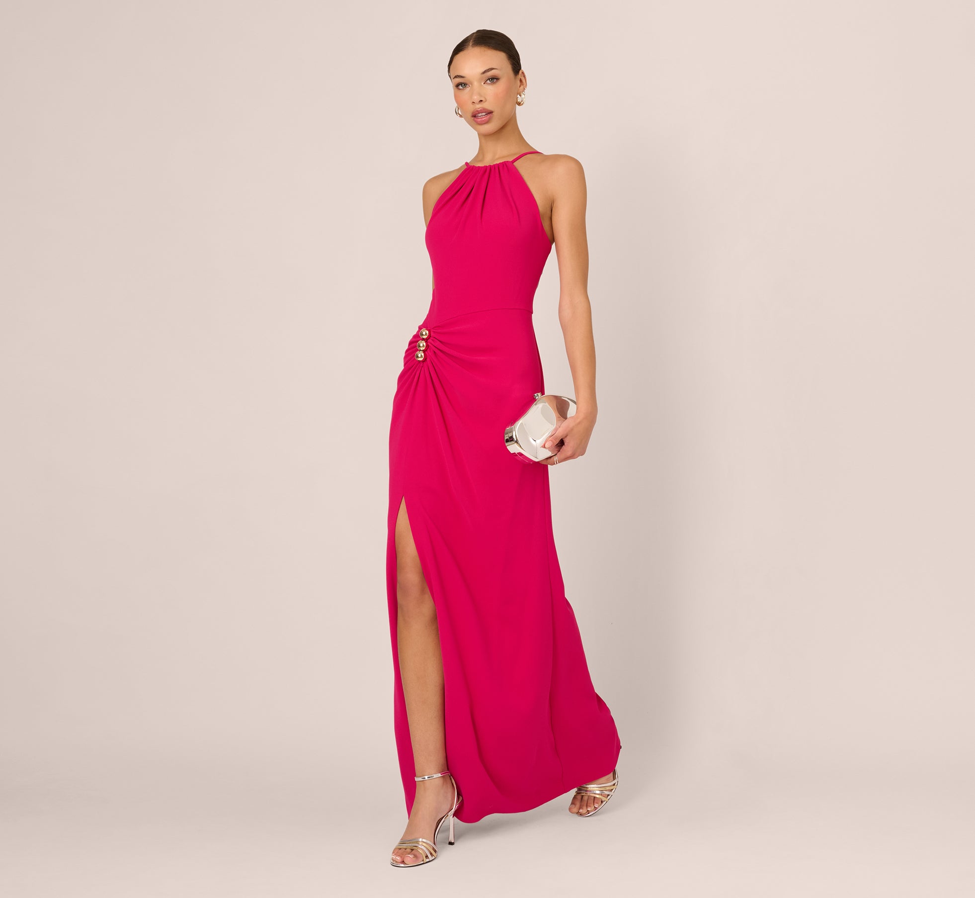 Gathered Stretch Crepe Halter Gown In Bright Rose