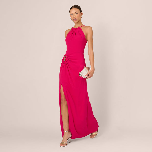 Gathered Stretch Crepe Halter Gown In Bright Rose